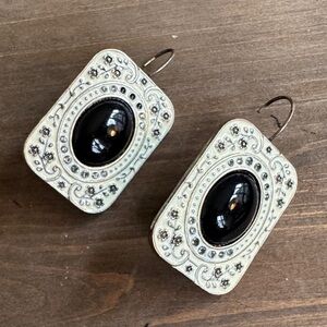Ornate Rectangular Dangle Earrings with Black Cabochon
